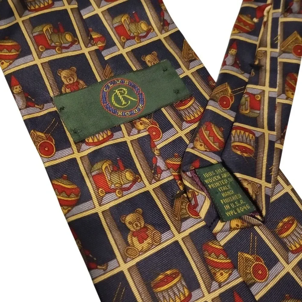 Club‎ Room Mens Silk Christmas Tie Santa Claus Toy Shelf Navy Blue Made in USA
